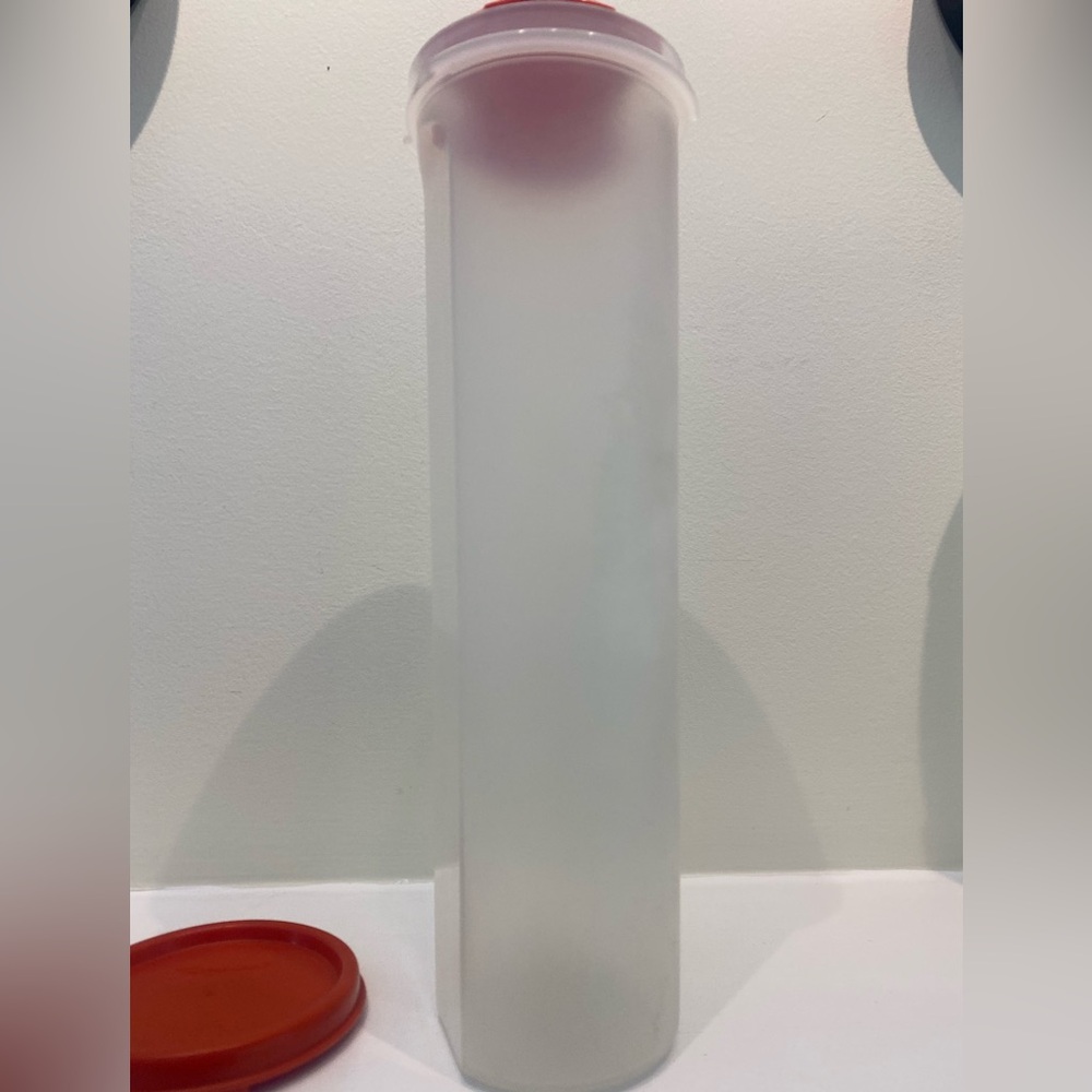 Vintage Tupperware Spaghetti Round Dispenser with red lid & a measuring insert